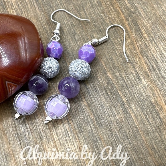 Purple turquoise and Amethyst gold statement dangle long Bon Bon earrings - Picture 1 of 4